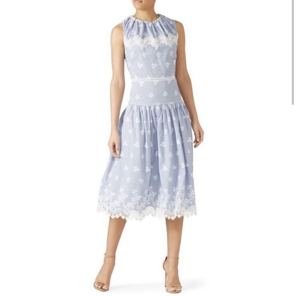 Monique Lhuillier Dresses & Skirts - Monique Lhuillier Blue Sleeveless Embroidered Lace Poplin Midi Dress Size 14
